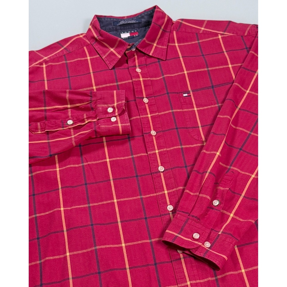 VTG Tommy Hilfiger Mens XL Plaid Button Up Cotton Shirt Red Yellow Windowpane